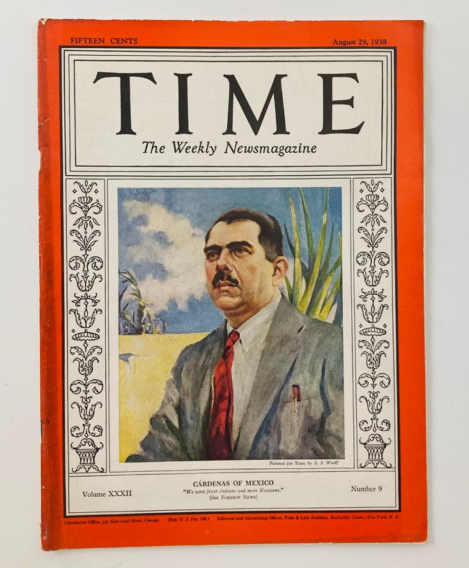 VTG Time Magazine August 29 1938 featuring Lázaro Cárdenas of Mexico on the cover, showcasing a vibrant portrait with a striking orange border, highlighting the historical context of the late 1930s.