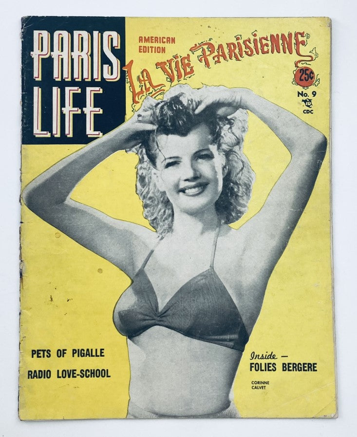 Cover of VTG Paris Life Magazine American Ed. December 1952 featuring Corinne Calvet, showcasing a model in vintage swimwear with a bright yellow background. No Label.