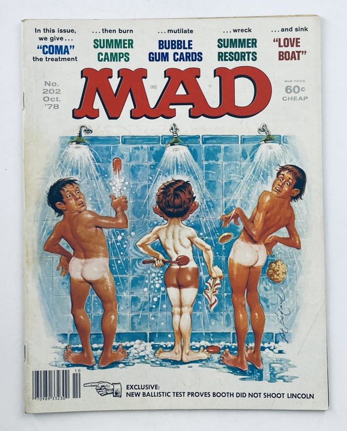 Cover of Mad Magazine October 1978 No. 202 showcasing humorous illustrations, featuring two boys taking a shower under showerheads, with the title 'MAD' prominently displayed.
