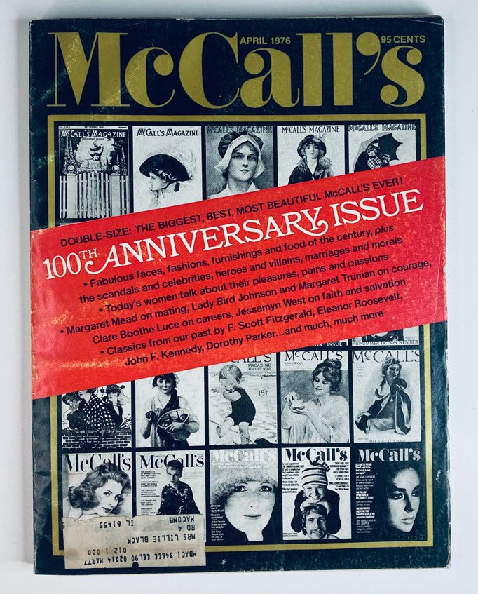 Cover of VTG McCall's Magazine April 1976 Vol 103 #7 The 100th Anniversary Issue featuring highlighted article topics and iconic images from the magazine's history.