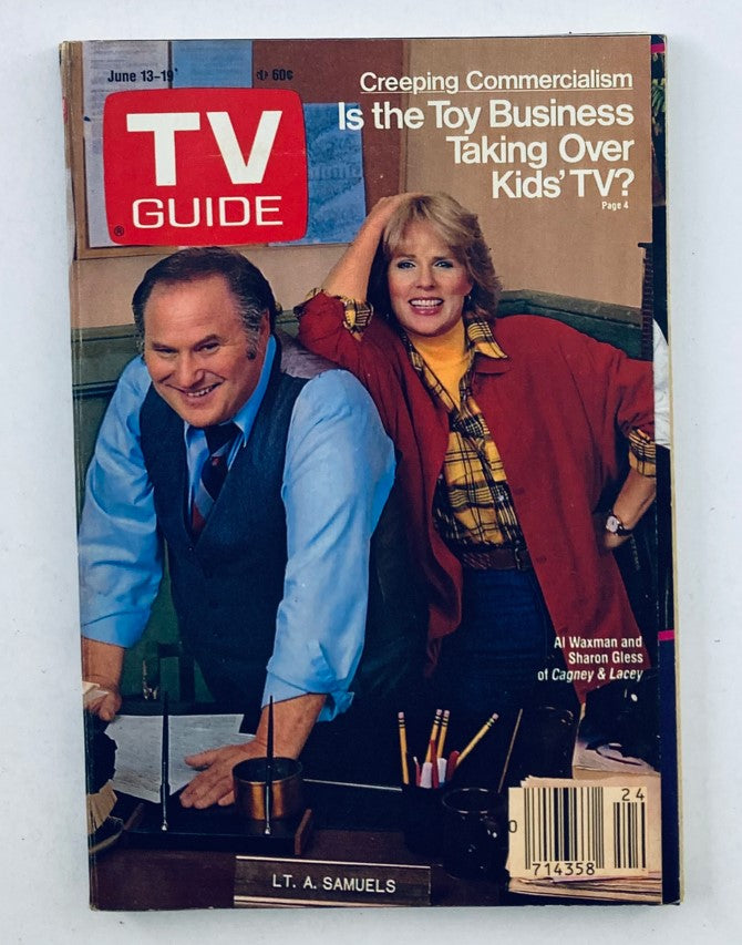 Cover of TV Guide Magazine from June 13, 1987 featuring Al Waxman and Sharon Gless from Cagney & Lacey, with a headline about toy commercialism in children's TV.