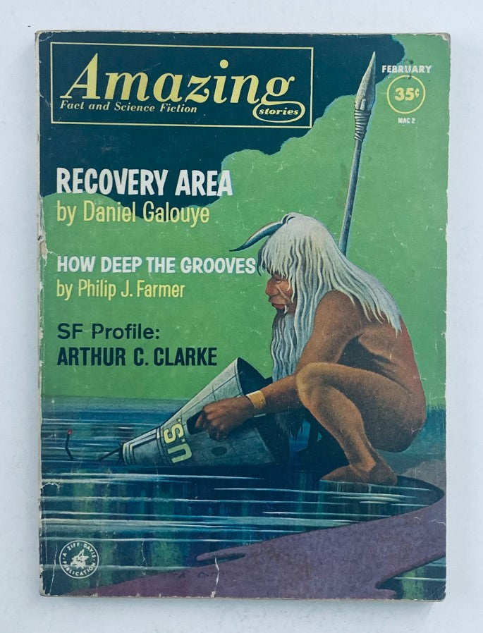 Cover of Amazing Science Fiction Stories Magazine February 1963 featuring Recovery Area by Daniel Galouye, including artwork of a scientist in a futuristic setting.