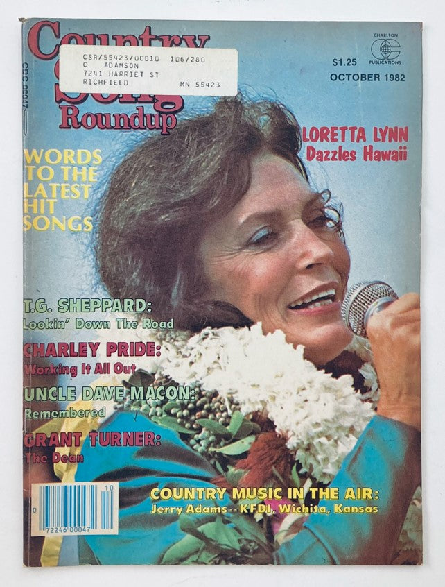 Cover of the VTG Country Song Roundup Magazine from October 1982 featuring Loretta Lynn, highlighted as she dazzles Hawaii. The cover includes details such as words about the latest hit songs and features other artists like T.G. Sheppard and Charley Pride.