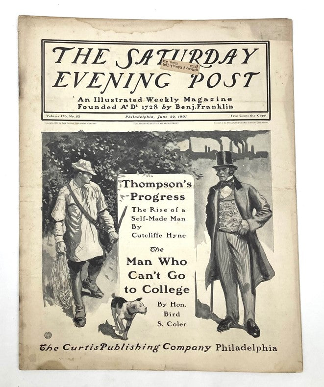 Illustration of the Saturday Evening Post cover from June 29, 1901 featuring 'Thompson's Progress', depicting a self-made man accompanied by a dog, with elements of early 20th-century American culture.