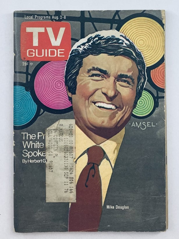 Cover of TV Guide Magazine August 2 1975 #1166 featuring Mike Douglas. The cover includes colorful circular designs and the title 'The Press vs. White House Spokesmen'.