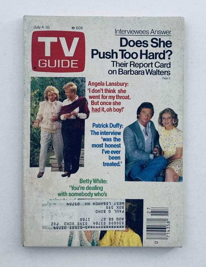 TV Guide Magazine July 4 1987 featuring Angela Lansbury, Betty White, and Patrick Duffy on the cover discussing Barbara Walters. A collectible item in pristine condition.