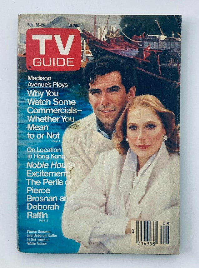 TV Guide Magazine February 20 1988 featuring Pierce Brosnan on the cover, showcasing the Pittsburgh Metro edition. The cover includes highlights about the show 'Noble House' and other television programming.