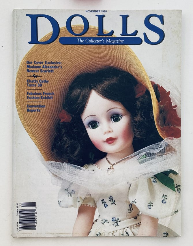 Cover of VTG Dolls The Collector's Magazine November 1990 featuring Madame Alexander's Scarlett doll. Vintage magazine for collectors with a focus on doll collecting.