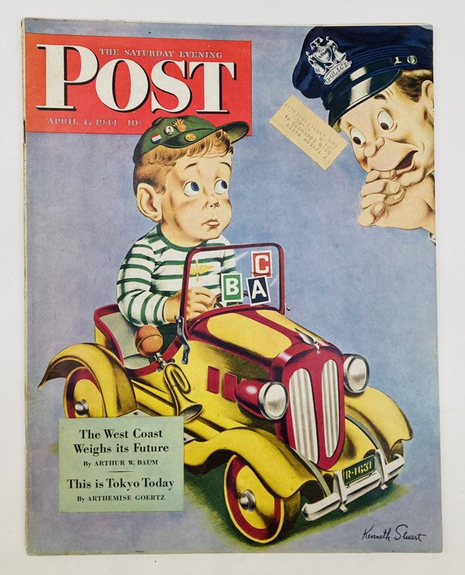 Saturday Evening Post Magazine Cover April 1 1944 featuring a whimsical illustration of a young boy in a toy car, titled 'This is Tokyo Today'.