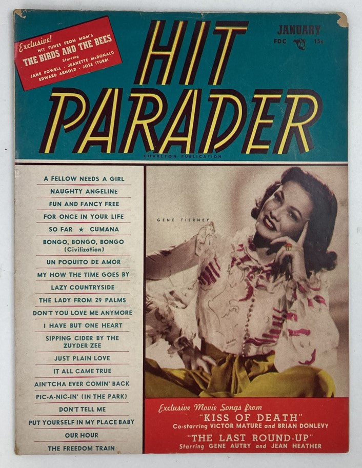 Cover of VTG Hit Parader Magazine January 1948 Volume 6 No. 2 featuring actress Gene Tierney, showcasing vintage design and classic 1940s pop culture.