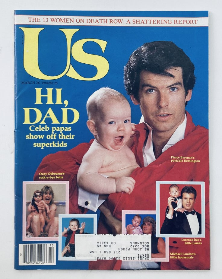 Cover of US Magazine from March 26, 1984 featuring Pierce Brosnan holding a baby, with the headline 'HI, DAD' and mentions of Ozzy Osbourne and Michael Landon.