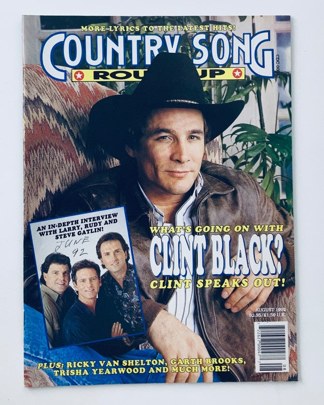 Cover of the Country Song Roundup Magazine August 1992 featuring Clint Black, with an in-depth interview included alongside images of Steve Gatlin and others. A must-have for country music collectors.