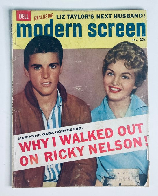 Cover of VTG Modern Screen Magazine November 1958 featuring Marianne Gaba and Ricky Nelson with the headline 'WHY I WALKED OUT ON RICKY NELSON!' showcasing mid-century pop culture.