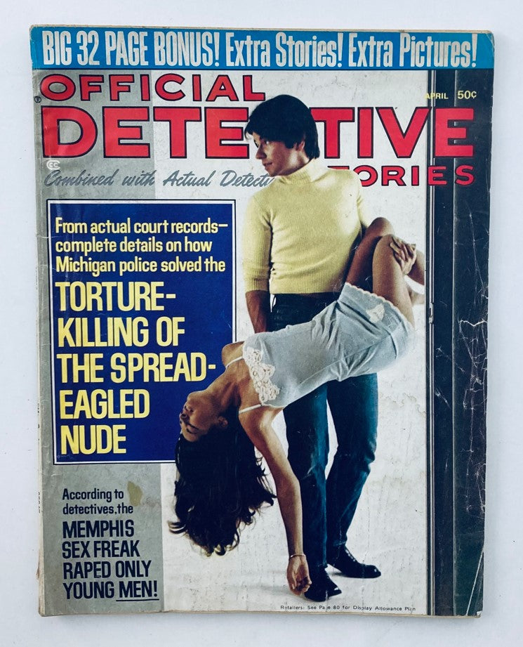 Cover of the VTG Official Detective Stories Magazine April 1973 featuring bold title and a striking image associated with the spread-eagled nude theme. The cover includes details about actual court records and a story related to the murder of the spread-eagled nude.