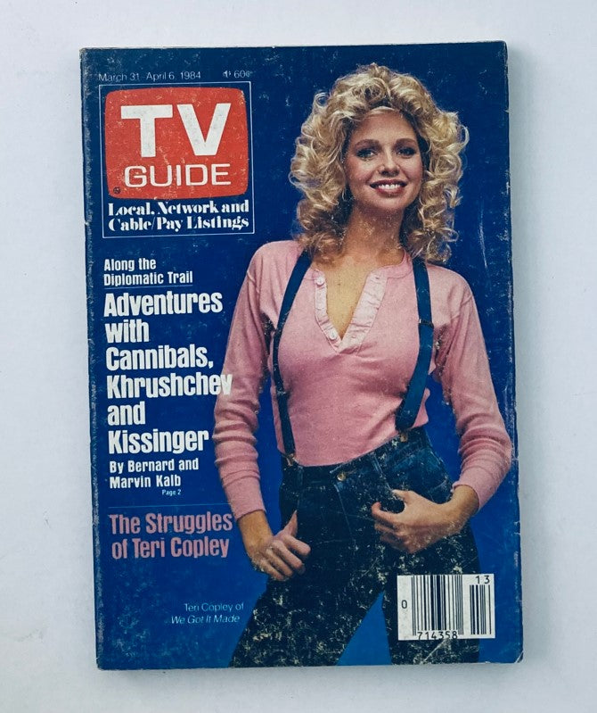 Cover of TV Guide Magazine March 31 1984 featuring Teri Copley, highlighting articles on adventures with political figures and struggles of Teri Copley, well preserved in great condition.