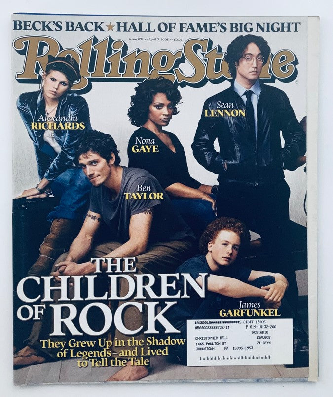 Cover of Rolling Stone Magazine April 7, 2005, Issue 971 featuring Sean Lennon and the headline 'The Children of Rock.' The magazine showcases notable rock legacies with a group of young individuals including Alexandria Richards, Nona Gay, Ben Taylor, and James Garfunkel, highlighting their heritage in rock music.