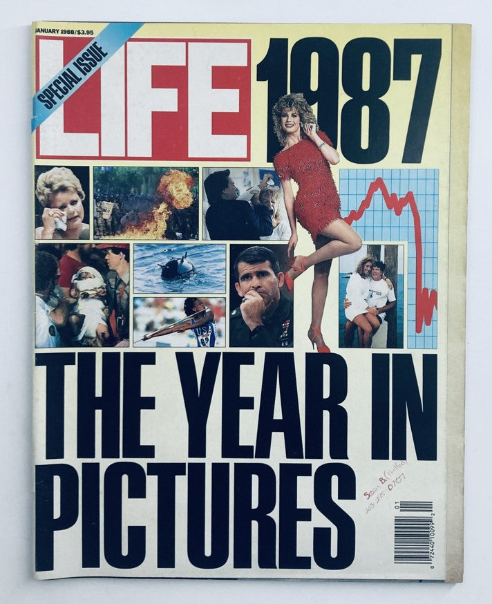 Cover of VTG Life Magazine January 1988 featuring 'The Year in Pictures of The Year 1987' with vibrant images and headlines including a dramatic photograph of a woman in red dress, various events, and cultural moments captured.