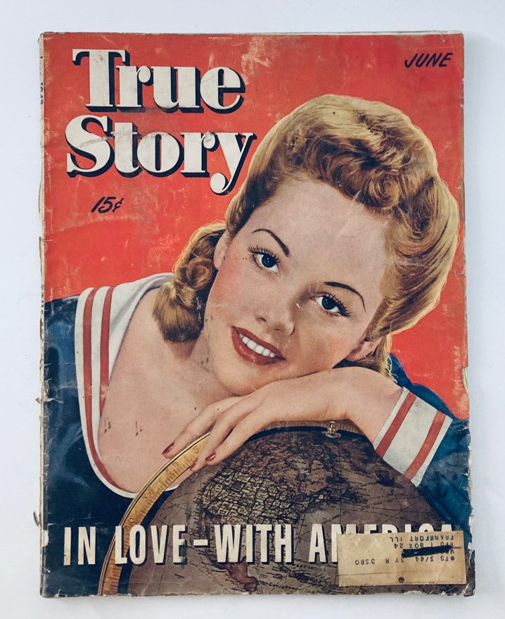 Cover of VTG True Story Magazine June 1943 Vol 48 No. 5 featuring a young woman with a globe, titled 'In-Love with America'.