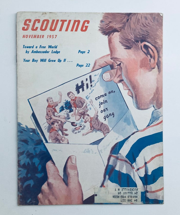 VTG Scouting Magazine November 1957, featuring a colorful cover illustration inviting boys to join scouting adventures.