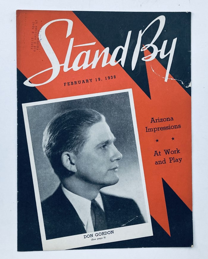 Cover of Stand By Magazine February 19, 1938, featuring Don Gordon, with text overlay 'Arizona Impressions' and 'At Work and Play'. The cover showcases a vintage design with black and orange colors.