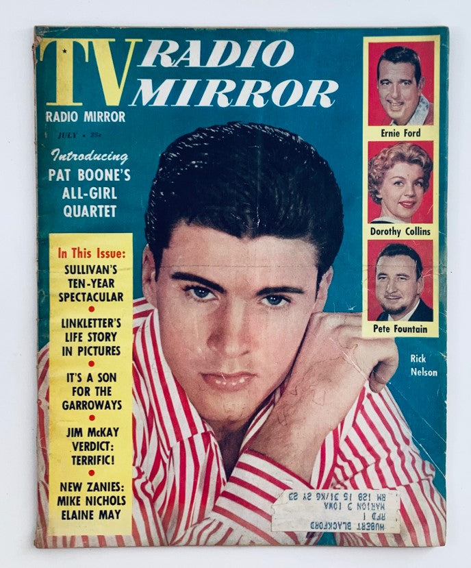 Cover of TV Radio Mirror Magazine from July 1958, Volume 50, Number 2, featuring Rick Nelson, Ernie Ford, and a vibrant design with headlines about TV shows and stars.