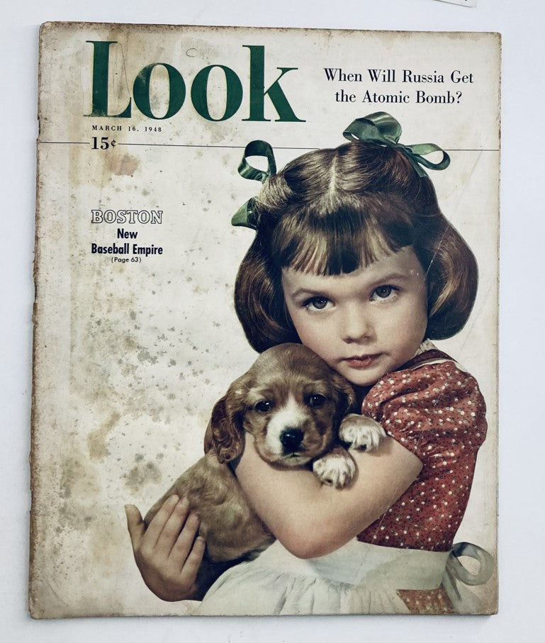 VTG Look Magazine March 16 1948, featuring a girl with a puppy on the cover, showcasing vintage art and nostalgia from the golden age of baseball.