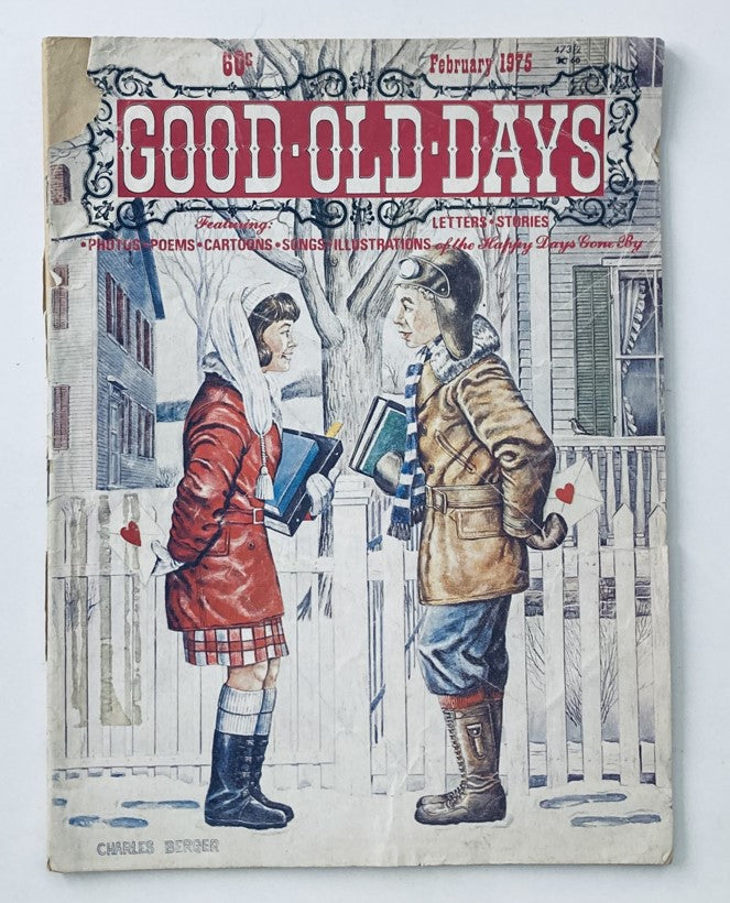 Cover of VTG Good Old Days Magazine February 1975 Vol 11 No 8 featuring a winter scene with children exchanging letters, highlighting nostalgia and Americana.