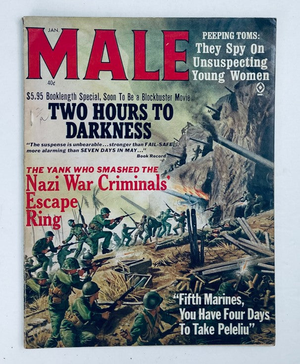 Cover of VTG Male Magazine January 1965 featuring the title boldly displayed, with imagery related to Nazi war criminals escapes. A vintage publication showcasing historical narratives.
