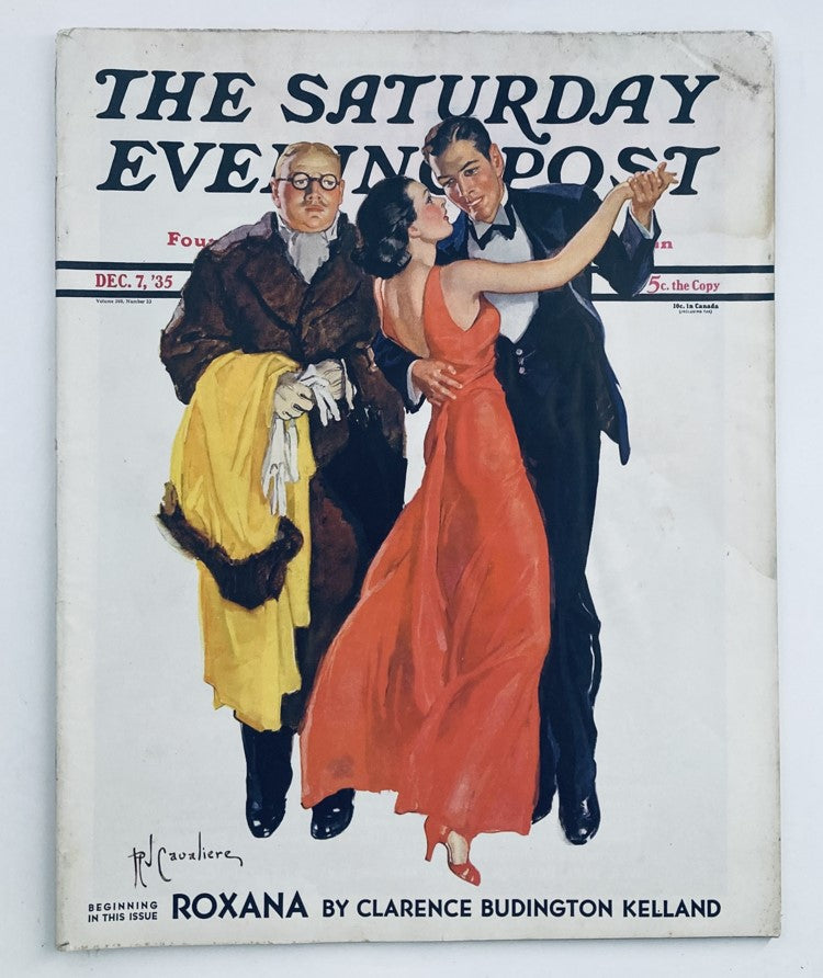 Cover of The Saturday Evening Post Magazine dated December 7, 1935, featuring a dramatic illustration of a man and woman dancing, with a character in a fur coat observing.