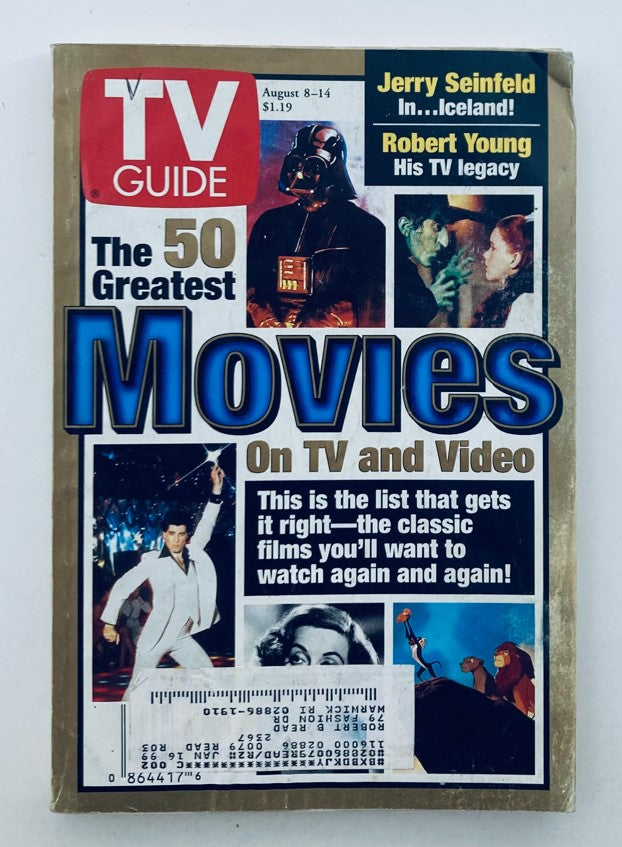 TV Guide Magazine cover dated August 8-14, 1998 featuring Judy Garland and Darth Vader, highlighting 'The 50 Greatest Movies on TV and Video'. Includes sections on Jerry Seinfeld and Robert Young.