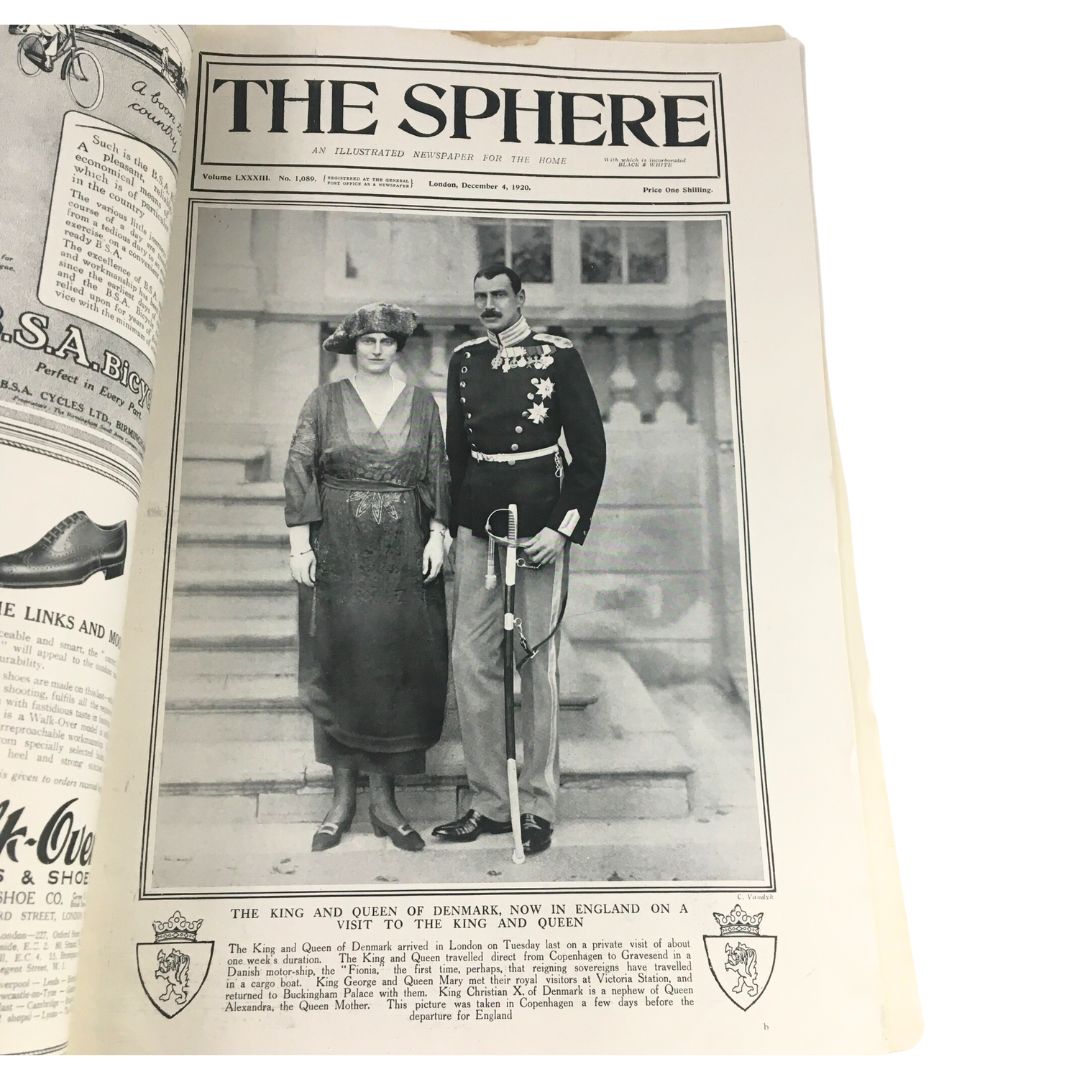 The Sphere Newspaper December 4 1920 featuring a historical photograph of the King and Queen of Denmark during their visit to England, showcasing royal attire and significance of the event.