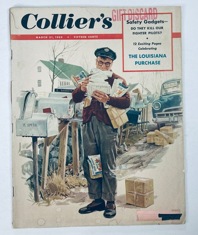 Cover of VTG Collier's Magazine March 21 1953 Vol 131 No. 12 featuring an illustration related to the Louisiana Purchase with a man sorting mail.