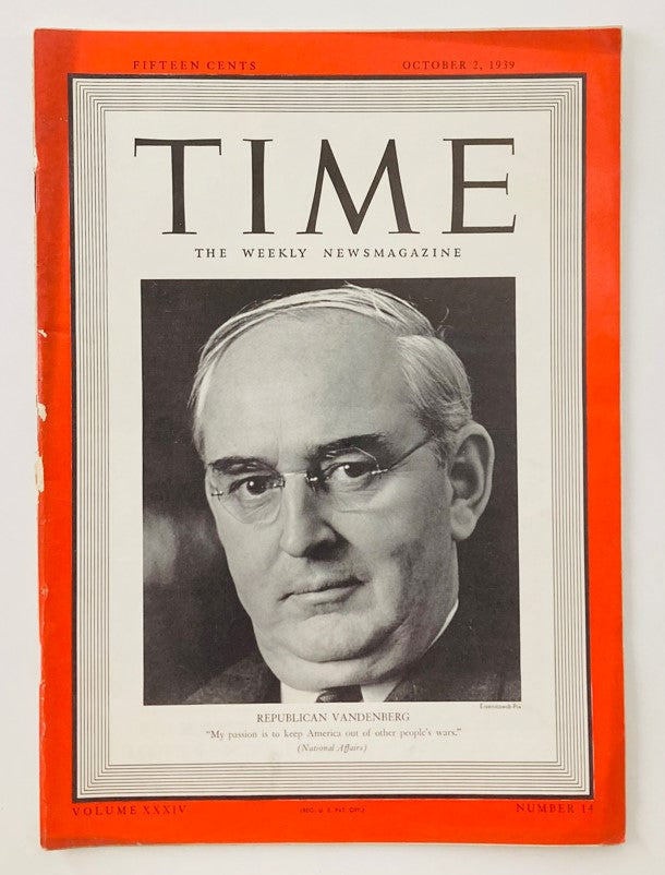Vintage Time Magazine cover from October 2, 1939, featuring Republican Arthur Vandenberg, showcasing the influential political landscape of the era with an illustration highlighting Vandenberg's quote about America's involvement in wars.