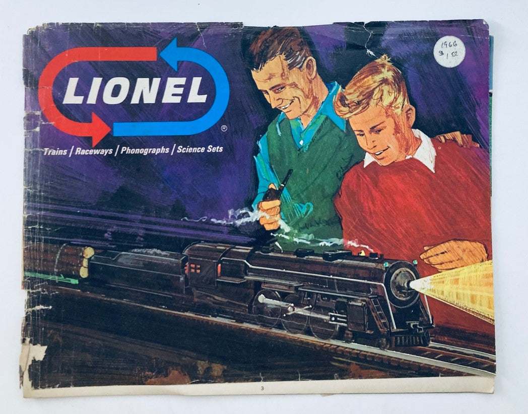 Cover of the VTG 1966 Lionel Trains, Raceways, Phonographs, Science Sets Catalog featuring two boys admiring a model train.
