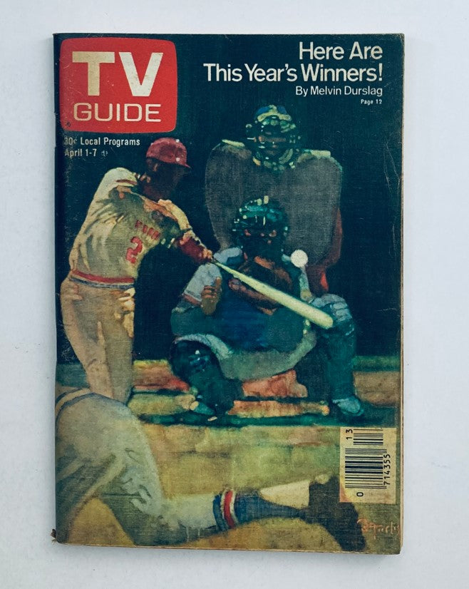 Cover of TV Guide Magazine April 1 1978 titled 'This Year's Winners' featuring an illustration of baseball players and a catcher, highlighting sports programming.