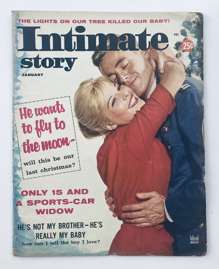 VTG Intimate Story Magazine January 1960 cover featuring the headline "He Wants To Fly To The Moon" with visuals of a couple embracing, showcasing vintage graphics and nostalgic charm.