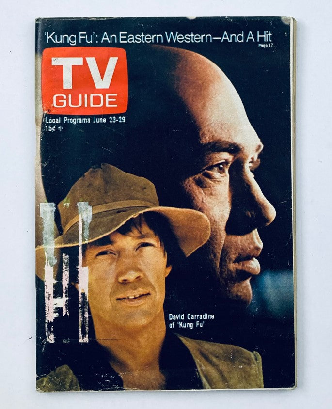 TV Guide Magazine June 23 1973 issue featuring David Carradine on the cover, highlighting the Eastern Western theme of 'Kung Fu'. The magazine displays a striking image of Carradine alongside another character, conveying a sense of the television show's style and era.