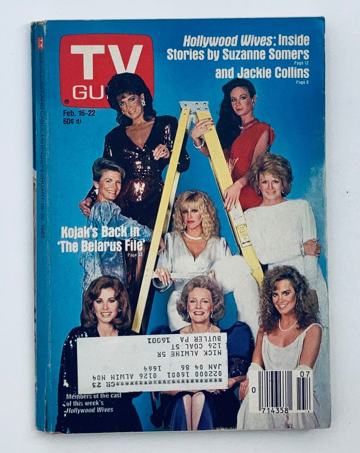 TV Guide Magazine February 16 1985 featuring the cast of Hollywood Wives on the cover, showcasing glamorous actresses in a vintage setting.