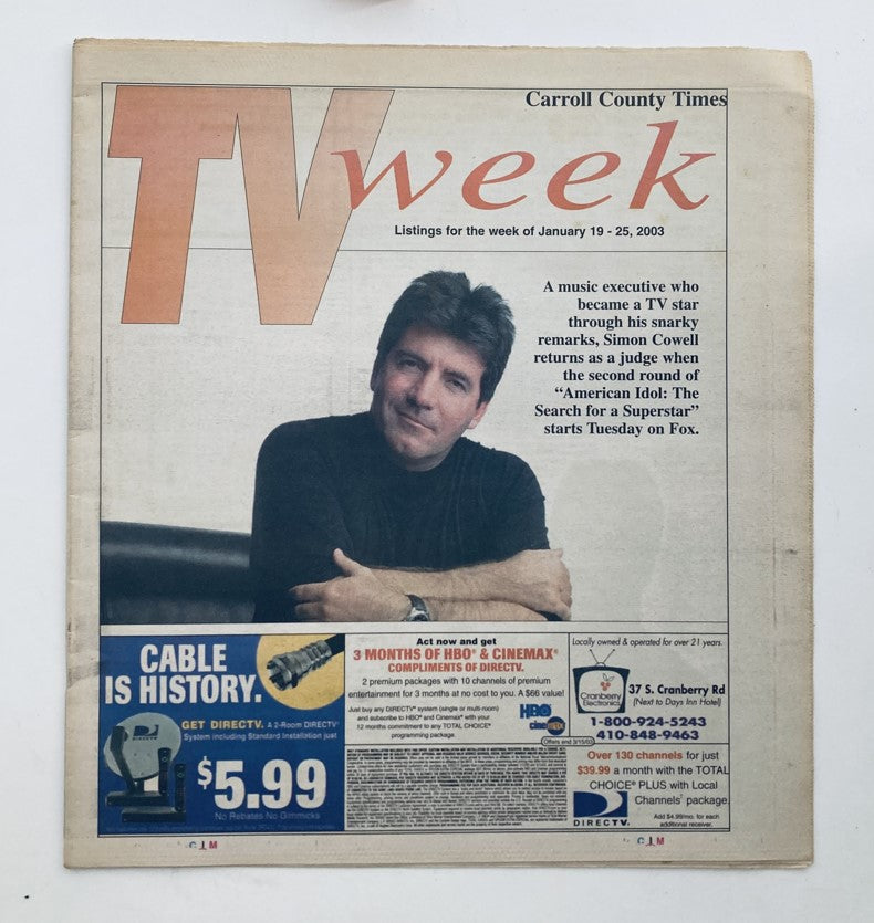 Cover of TV Week Magazine dated January 19, 2003, featuring Simon Cowell, a music executive known for his role on American Idol, introducing the return of 'American Idol: The Search for a Superstar' on Fox.