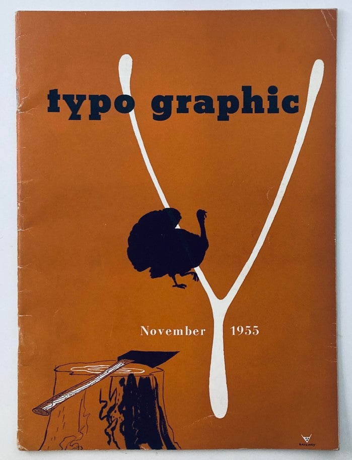 Cover of the VTG Typo Graphic Magazine from November 1955, titled 'Granddad Laffed at These', featuring playful typography, a turkey silhouette, and vibrant colors.