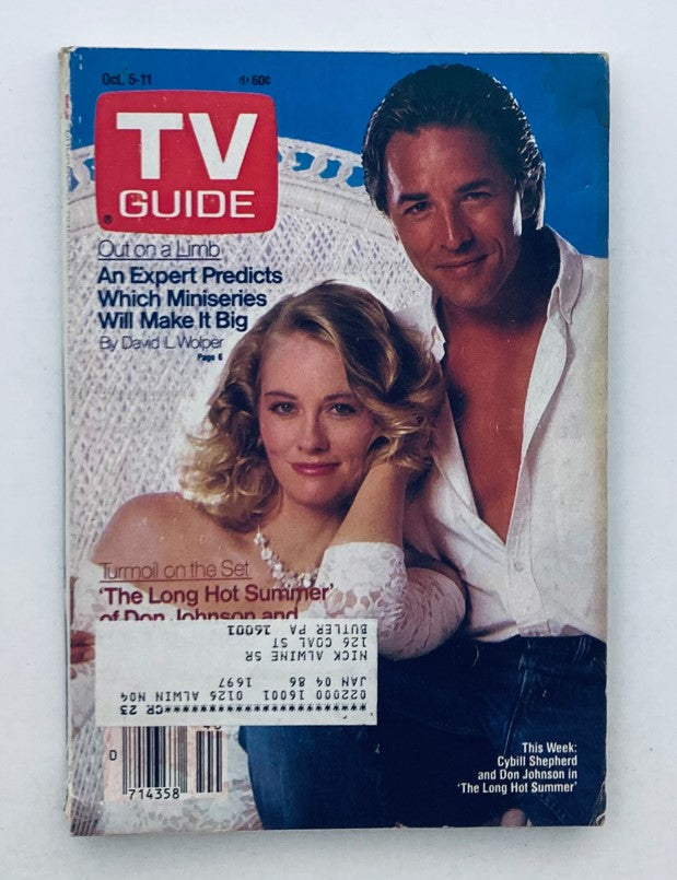 TV Guide Magazine cover from October 5, 1985 featuring Don Johnson and Cybill Shepherd, depicting a featured article on 'The Long Hot Summer.'