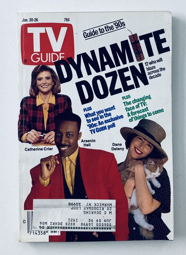 TV Guide Magazine January 20 1990 cover featuring Arsenio Hall, Dana Delany, and Catherine Crier. The magazine highlights the 'Dynamite Dozen' and offers insights into popular television shows of the era.