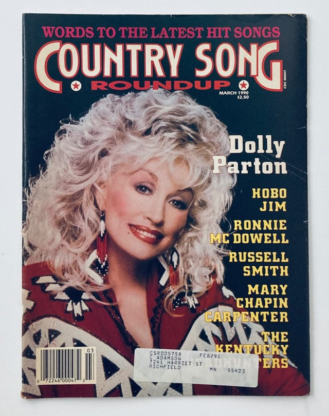Cover of the March 1990 issue of Country Song Roundup Magazine featuring Dolly Parton and Ronnie McDowell, showcasing the essence of country music with vibrant design and iconic imagery.