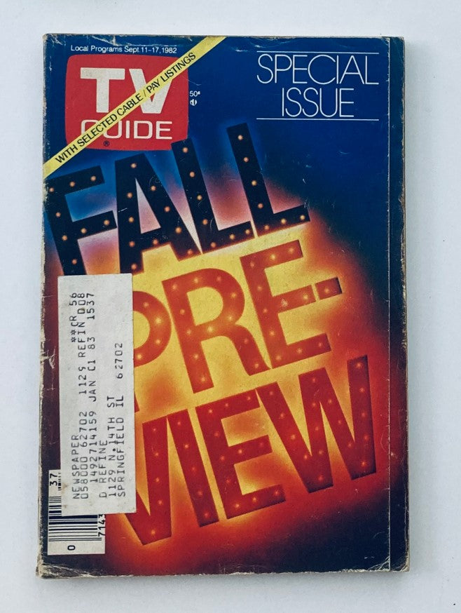 Cover of TV Guide Magazine September 11 1982 Fall Preview Special Eastern Illinois Ed., featuring the title 'FALL PREVIEW' in bright lights and a vibrant background.