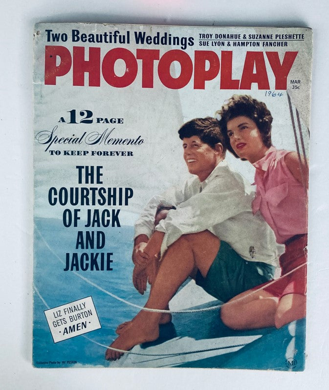 VTG Photoplay Magazine March 1964, Vol 65 No. 3 featuring Jack and Jackie, showcasing the cover with 'The Courtship of Jack and Jackie' and details of two beautiful weddings.