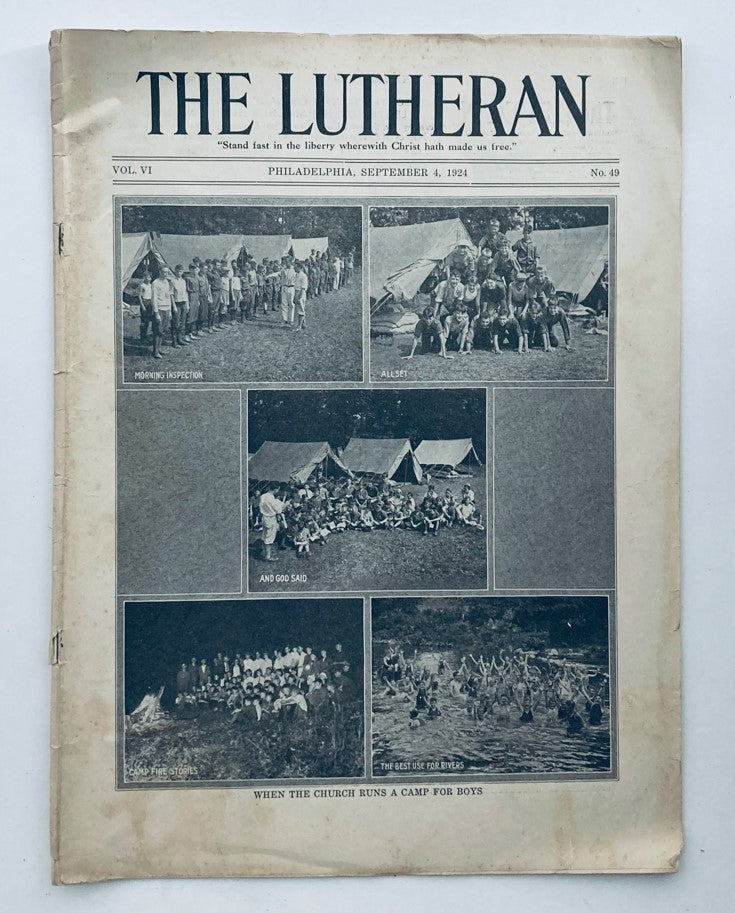 VTG The Lutheran Magazine September 4 1924 cover featuring images of boys at a church-run camp, including scenes of camping activities and group gatherings.