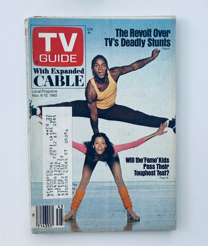 TV Guide Magazine cover from November 6, 1982, featuring Gene Anthony Ray alongside dancers, promoting topics like 'The Revolt Over TV's Deadly Stunts'.