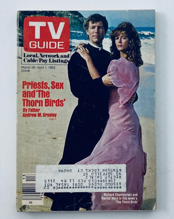 TV Guide Magazine cover from March 26, 1983 featuring Richard Chamberlain and Rachel Ward, highlighting 'The Thorn Birds' with local network and cable-pay listings.