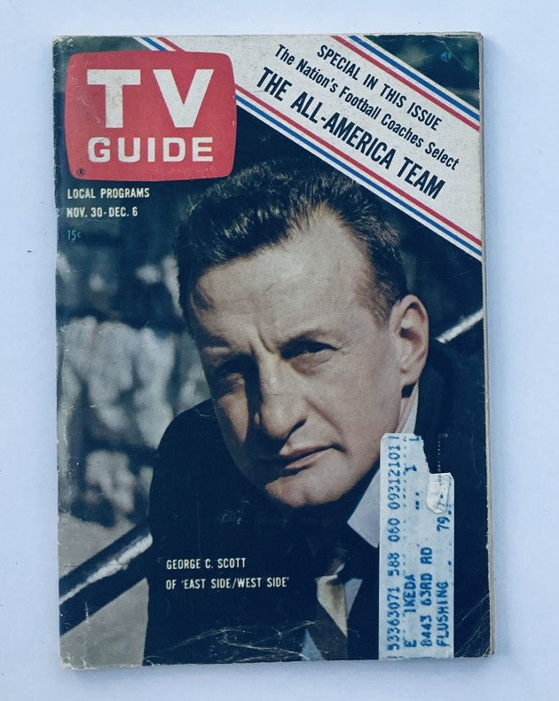 TV Guide Magazine cover from November 30, 1963 featuring George C. Scott, showcasing the iconic actor along with a special feature on the All-America Football Team.