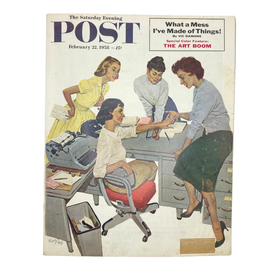 February 22, 1958 issue of The Saturday Evening Post magazine featuring the cover art titled 'Ms. Newlyringed' by Kurt Ard, depicting four women in a vintage office setting.